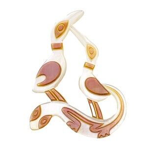 Vintage Hand Carved Mother of Pearl Shell Pacific Ocean Pendant Two Birds Lizard